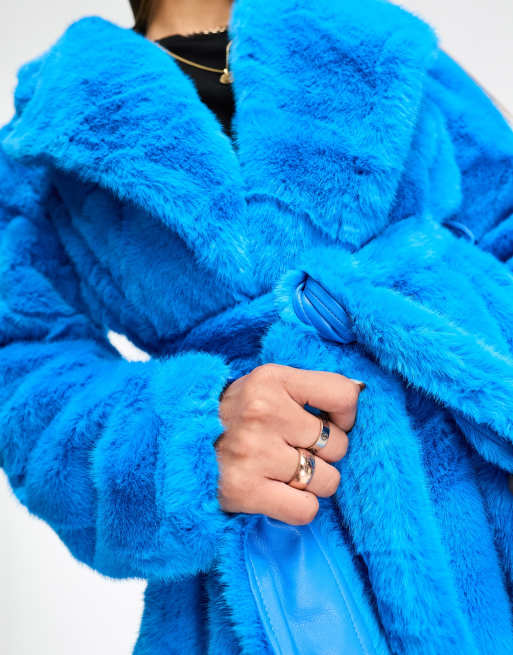 Jayley faux fur wrap midi coat in bright blue