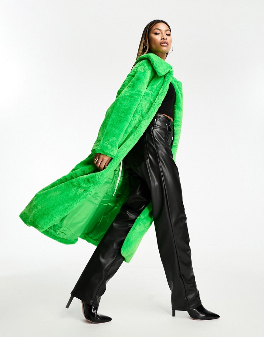 faux fur wrap midi coat in bright green