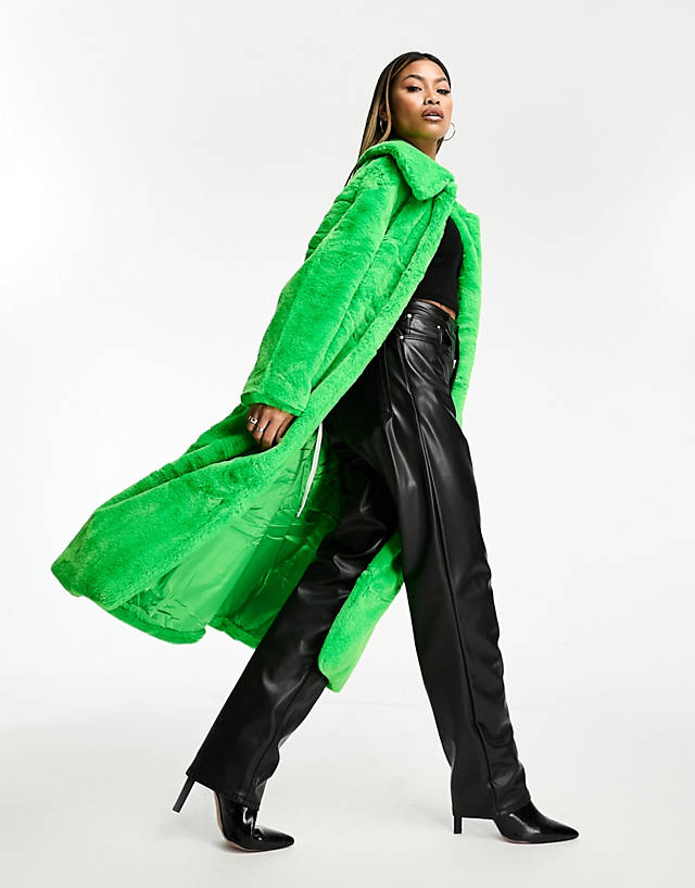 Jayley - faux fur wrap midi coat in bright green