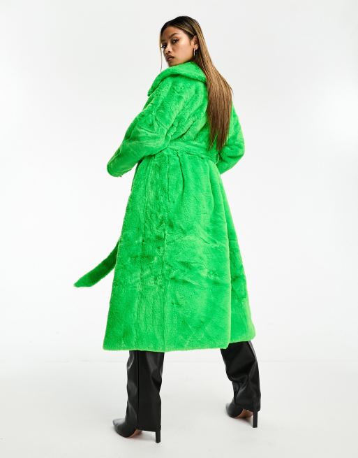 Sadie Faux Fur Trim Wrap Coat Green