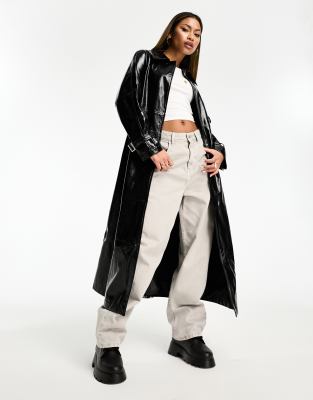 Black patent shop leather trench coat