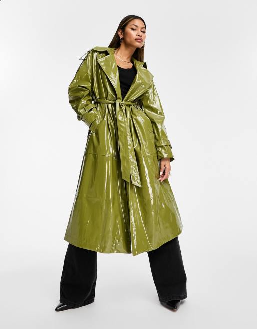 Jayley faux leather oversized trenchcoat in green patent | ASOS