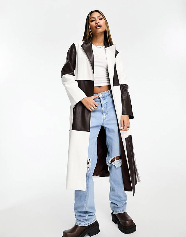 Jayley - faux leather patchwork trenchcoat in brown and white