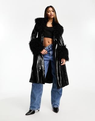 jayley faux fur trim tie waist midi coat in green