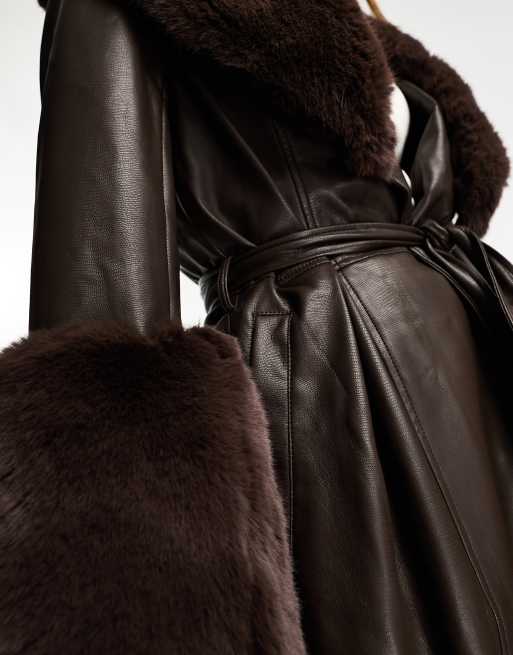Jayley faux leather tie waist trimmed midi coat in chocolate brown, 2 of 4