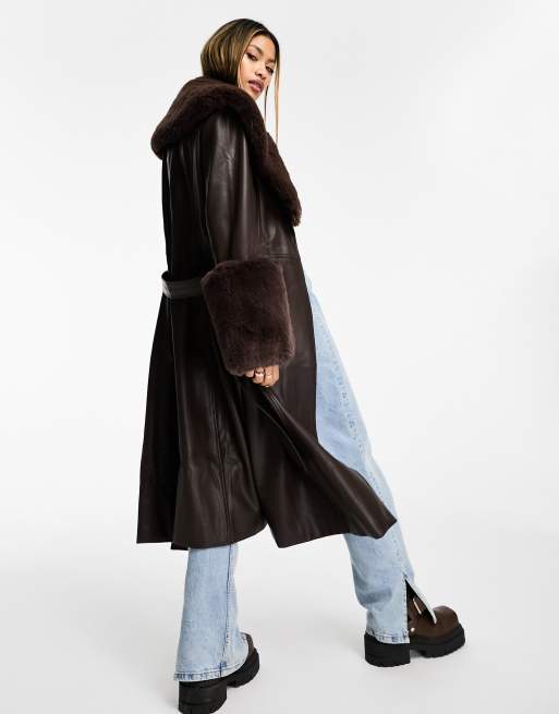 Jayley faux leather tie waist trimmed midi coat in chocolate brown, 3 of 4