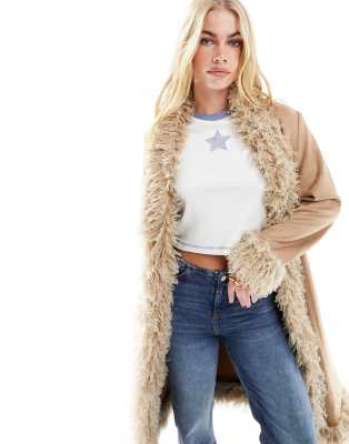 Jayley Jayley faux suede shaggy collar long coat in beige-Neutral