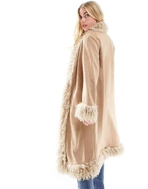 Jayley faux suede shaggy collar long coat in beige