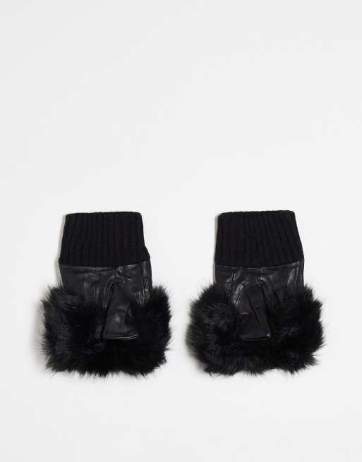 Jayley – Fingerlose Handschuhe aus Kunstpelz in Schwarz mit Kunstpelzbesatz, 3 von 4