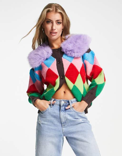 Jayley - Gilet à imprimé losanges avec bordures en fausse fourrure - Multicolore