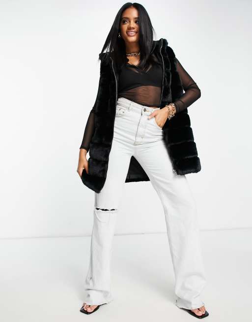 Jayley - Gilet corto in pelliccia sintetica con zip e cappuccio nero, 3 di 4