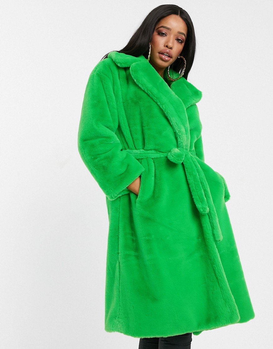 Jayley - Grøn frakke i imiteret pels med bindebånd i taljen