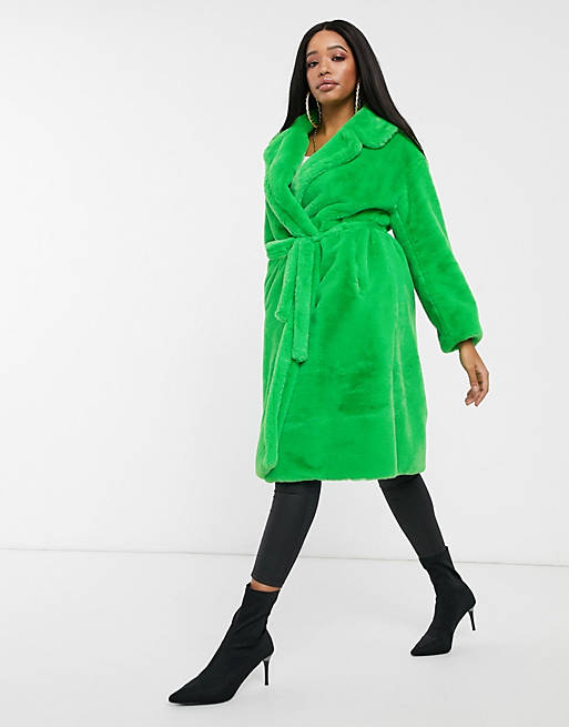 Stipendium tåbelig Perle Jayley - Grøn frakke i imiteret pels med bindebånd i taljen | ASOS