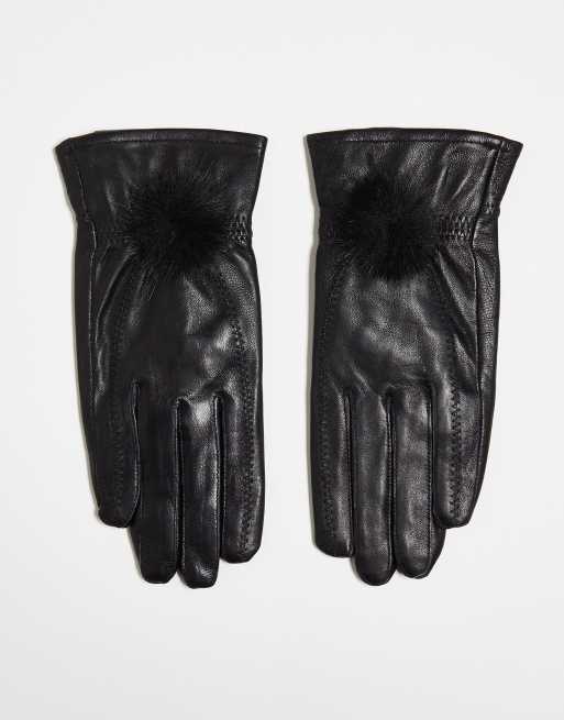 Jayley - Guanti in pelle con pompon in ecopelliccia
