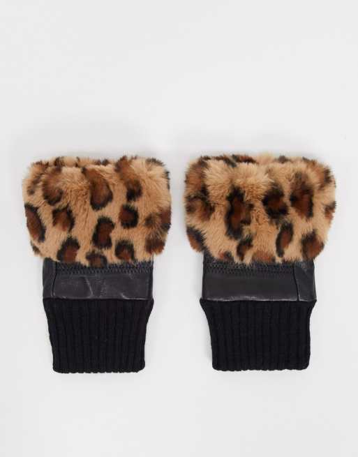Jayley - Guanti in pelle senza dita con finiture in pelliccia sintetica neri con dettagli leopardati