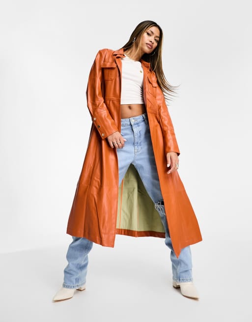 Jayley - Gyldenbrun retro-trenchcoat i imiteret læder