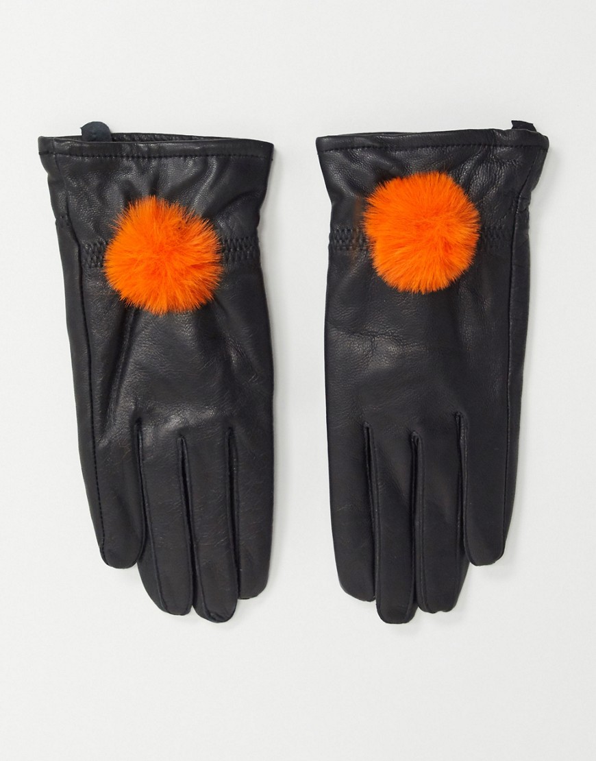 Jayley — Handsker i imiteret lammeuld med pom poms-Sort
