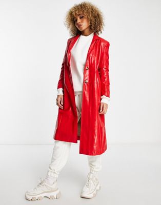Jayley high shine faux leather boyfriend trenchcoat in red