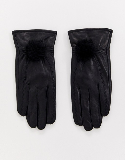 Jayley lambs leather gloves with faux fur pom pom
