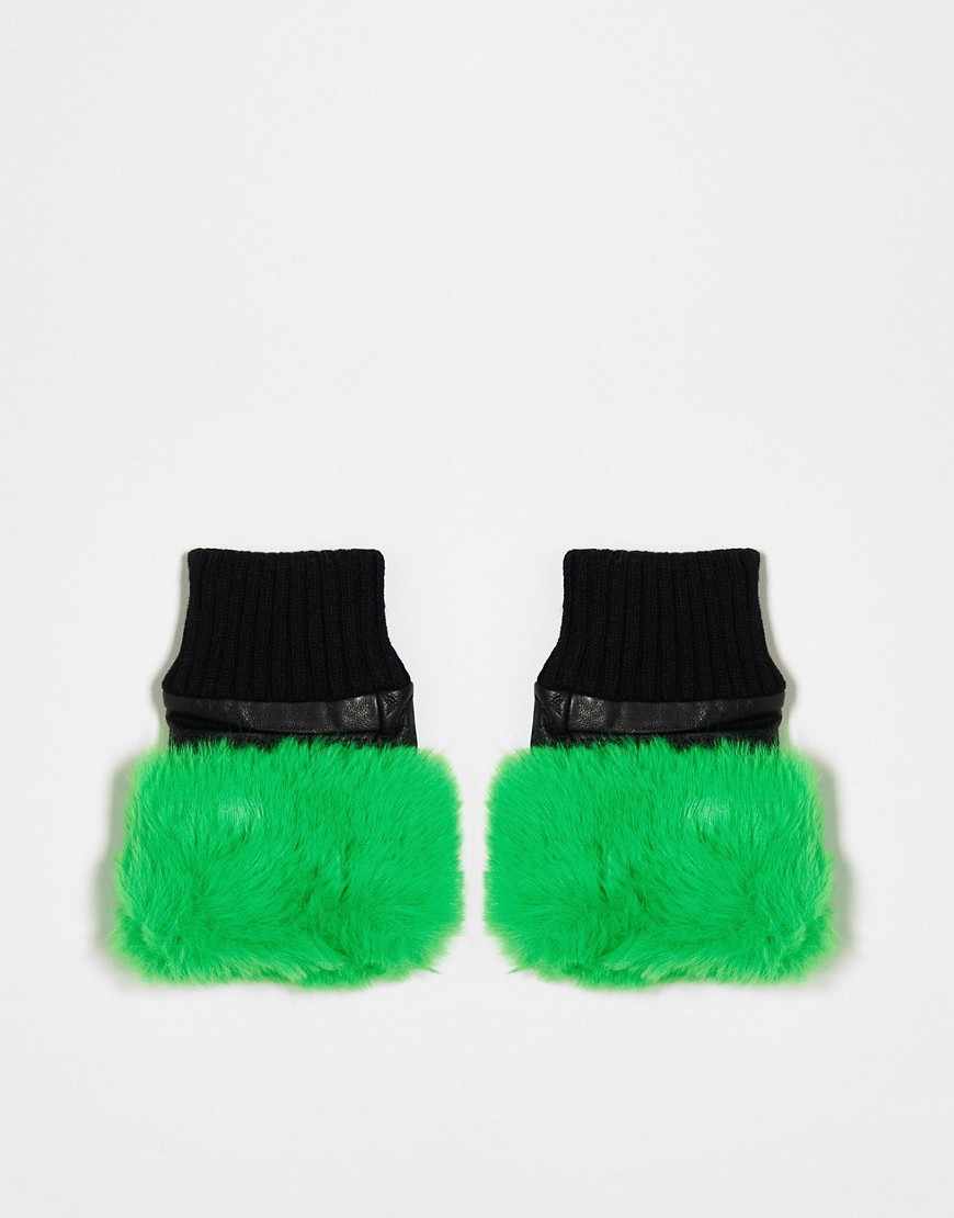 leather faux fur trim fingerless gloves in black / green