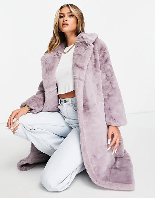 Jayley longer length faux fur coat in lilac