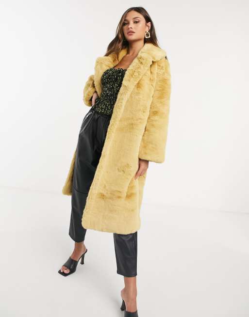 Jayley longer length faux fur coat in pale yellow