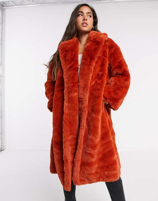 Red faux fur store coat with hood