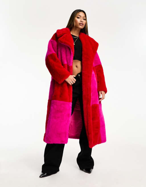 Jayley Manteau long en fausse fourrure a damiers Rose et rouge