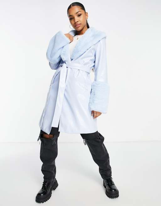 Jayley - Manteau mi-long noué à la taille bordé de fausse fourrure - Bleu pastel, 4 de 4