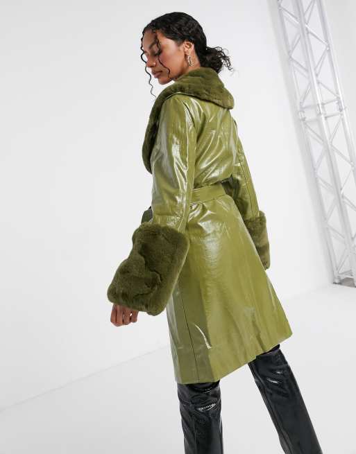 Manteau vert fausse fourrure hot sale