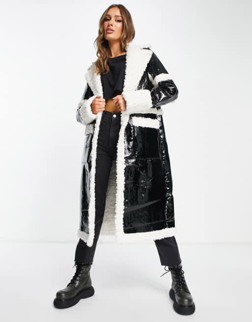 Jayley - Manteau verni avec finitions imitation peau de mouton - Noir