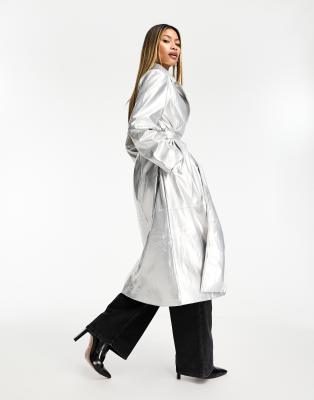 Jayley Metallic Trench Coat In Silver