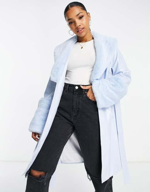 Jayley - Midi-jas met imitatiebontranden en strikceintuur in babyblauw
