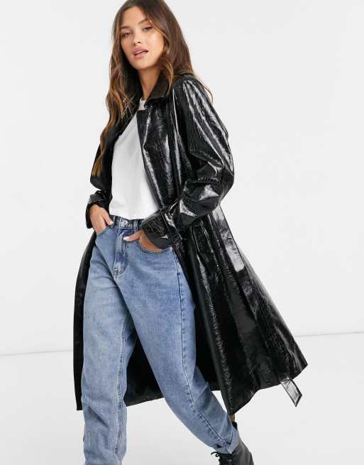 Jayley mock croc textured trench coat in black | ASOS