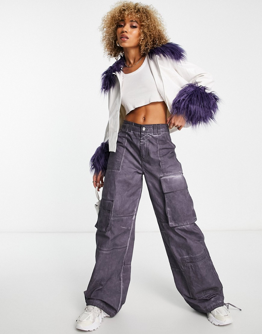 Jayley short vinyl look faux fur trim jacket in deep violet-Purple
