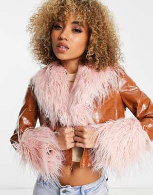 Jayley short vinyl look faux fur trim jacket in tan - ASOS Price Checker