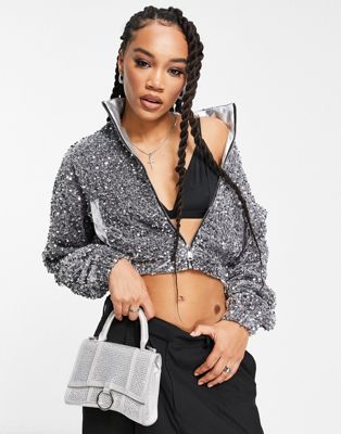 statement sequin bomber jacket in silver