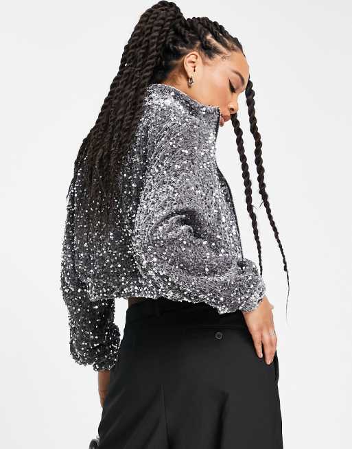 Sequin bomber outlet jacket black