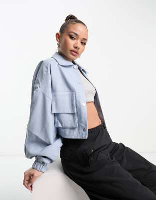 Taya faux leather cropped jacket in blue