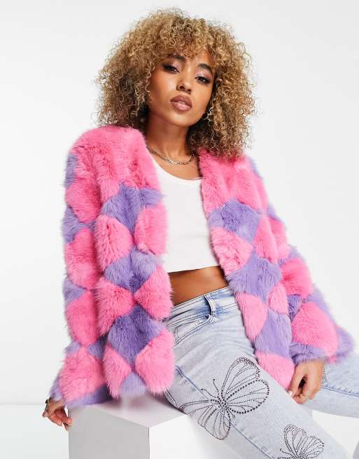 Jayley - Ternet frakke i imiteret pels med diamantmønster i pink og lilla
