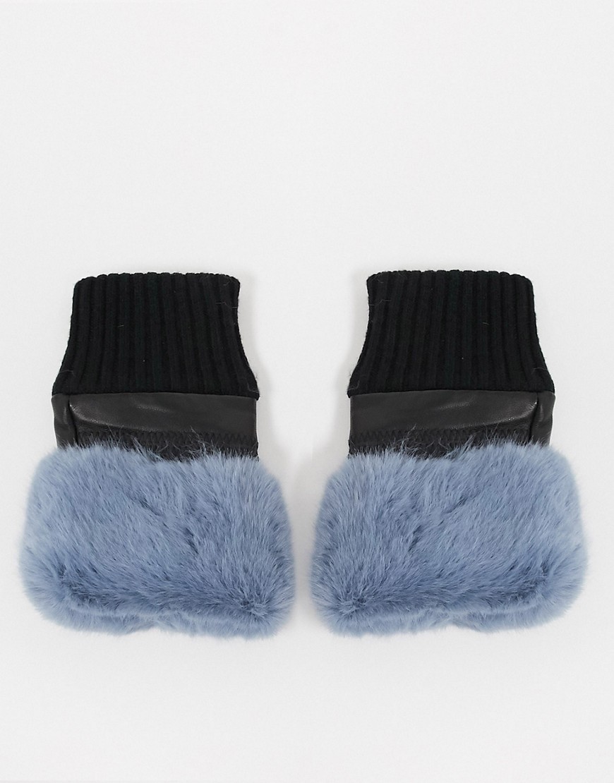 Jayley - Vingerloze handschoenen van leer met rand van imitatiebont in zwart met grijs