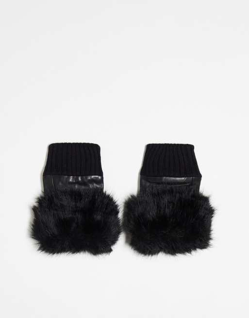 Jayley - Vingerloze handschoenen van leer met rand van imitatiebont in zwart