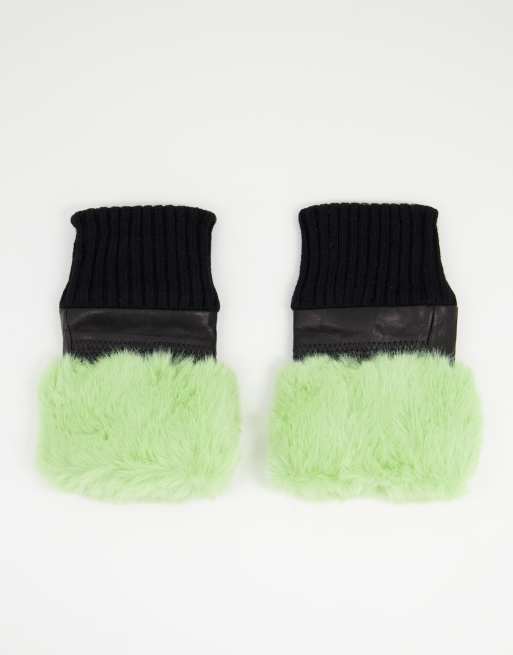 Jayley - Vingerloze leren handschoenen met imitatiebont langs de rand in groen