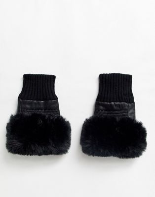 Jayley - Vingerloze leren handschoenen met imitatiebont-Zwart