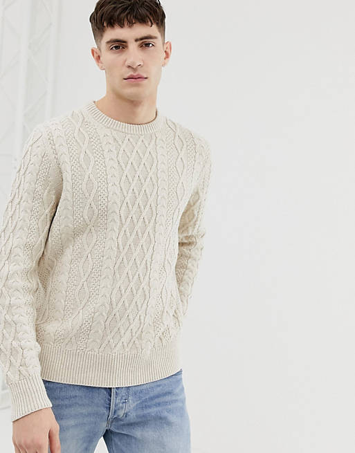 J.Crew Mercantile crew neck fisherman cable knit jumper in cream marl ...