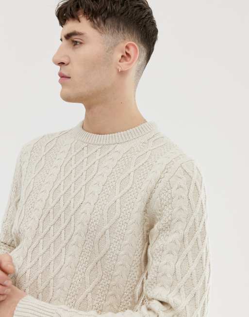 J Crew Mercantile Crew Neck Fisherman Cable Knit Jumper In Cream Marl Asos