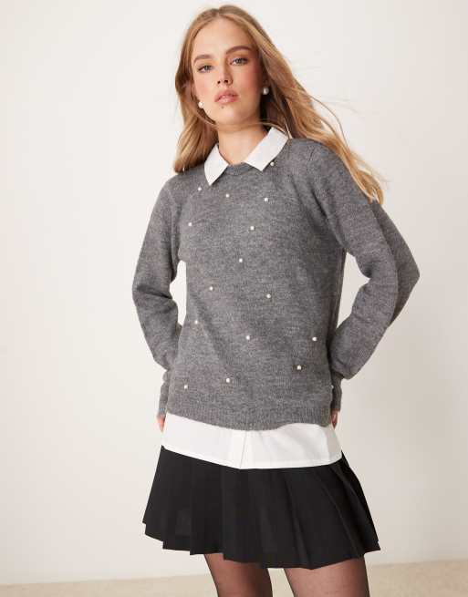 JDY 2-in-1 knit sweater with pearl detail in gray