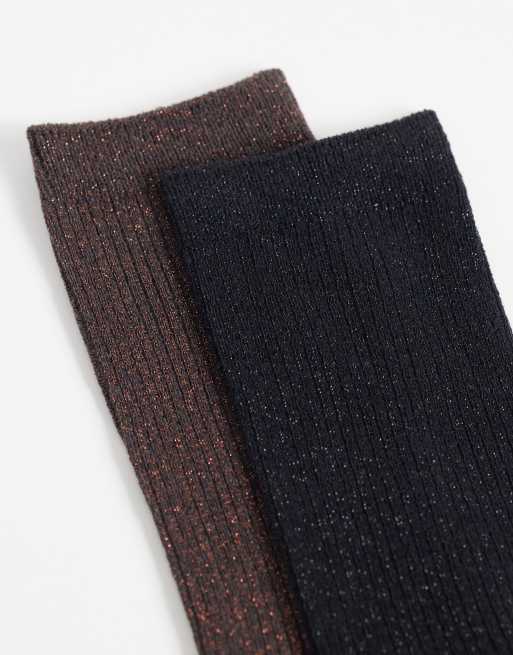 JDY 2-pack glitter socks in black & brown, 2 of 3