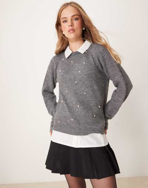 JDY 2in1 knitted jumper with pearl detail in grey - view 1