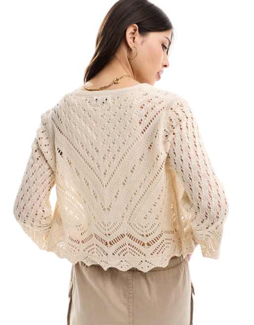 JDY 3 4 sleeve crop broderie cardigan in cream ASOS